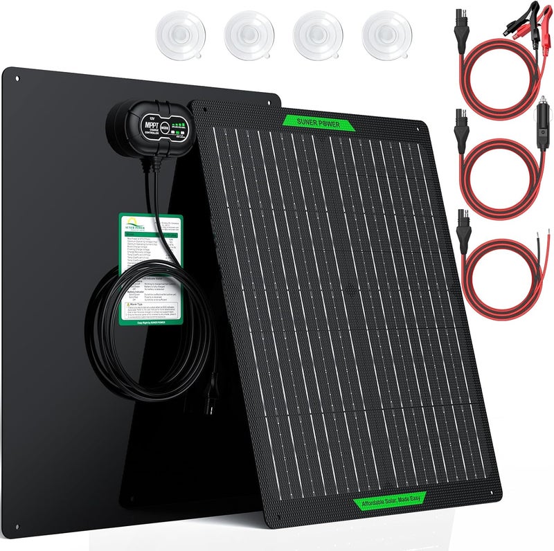 SUNER POWER Waterproof 30W 12V Solar Battery Charger & Maintainer PRO, Built-in UltraSmart MPPT Charge Controller, 12 Volt Solar Panel Trickle Charging Kits for Car Automotive Boat Marine RV Trailer - Image 1